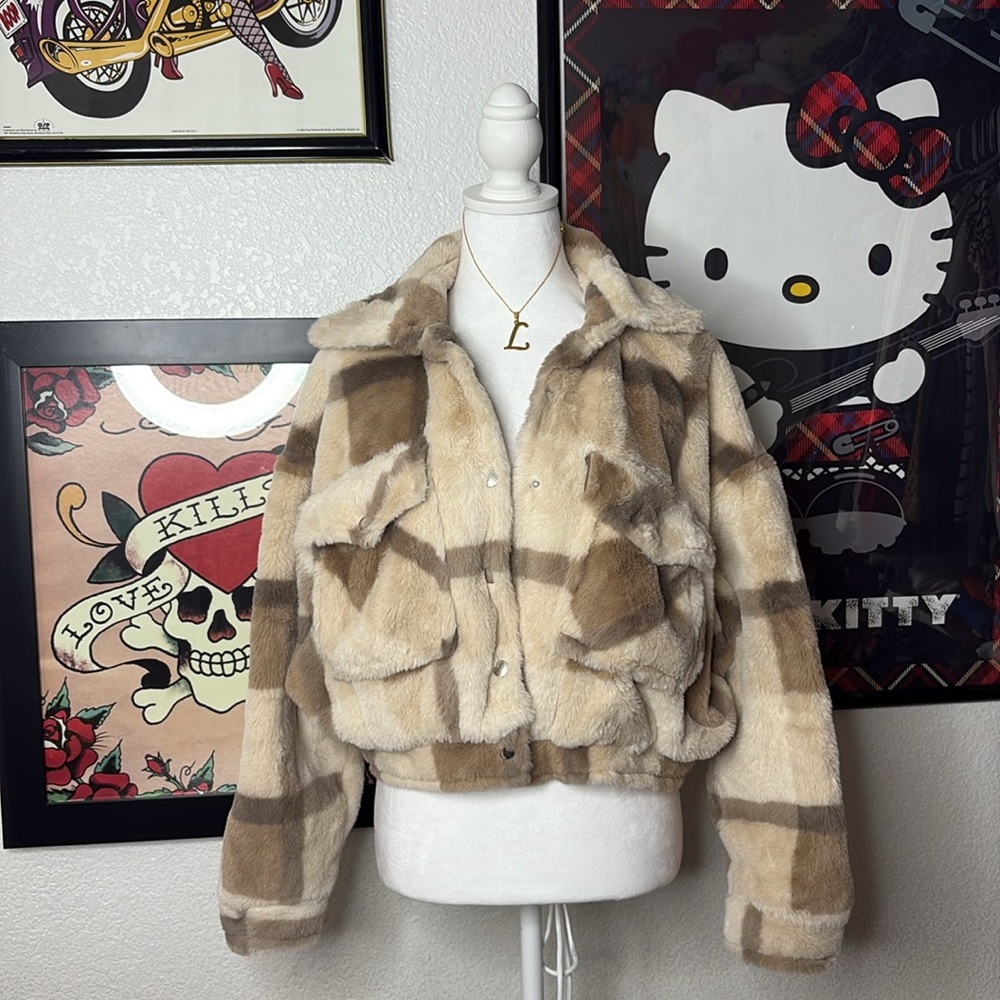 Ashley Vintage Charm Cropped Faux Fur Plaid Sweater Fall Cozy Coquette